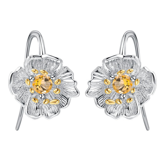 Dainty Plum Blossom Stud Earrings in 925 Sterling Silver with Natural Topaz, Garnet or Citrine.