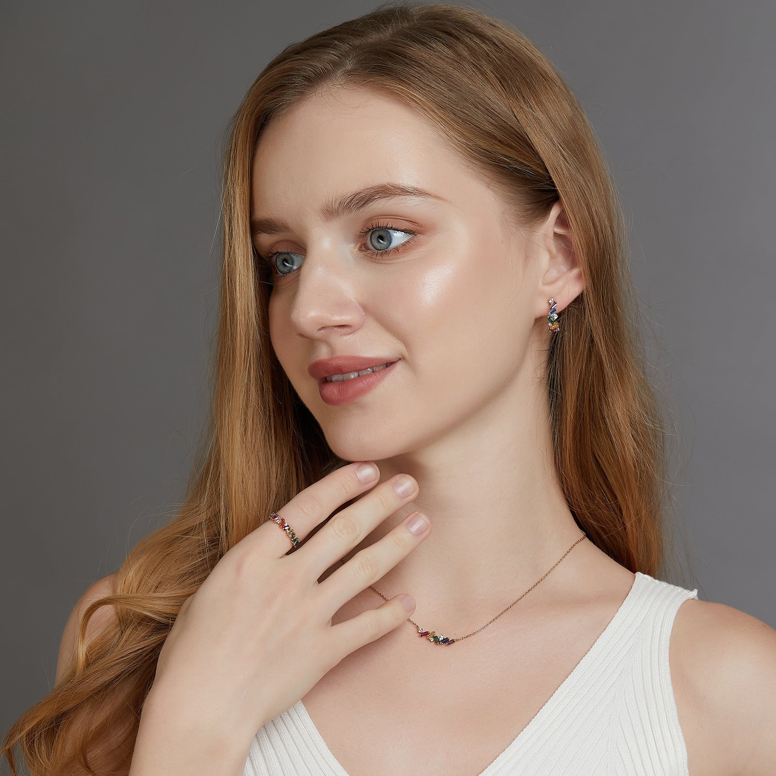 Dainty Rainbow Baguette Ring | Multicolor Zircon Engagement Band | 10K Gold Plated