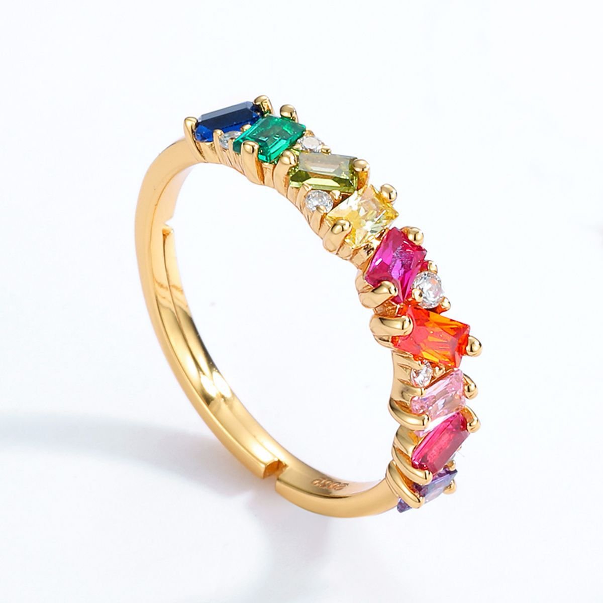 Dainty Rainbow Baguette Ring | Multicolor Zircon Engagement Band | 10K Gold Plated