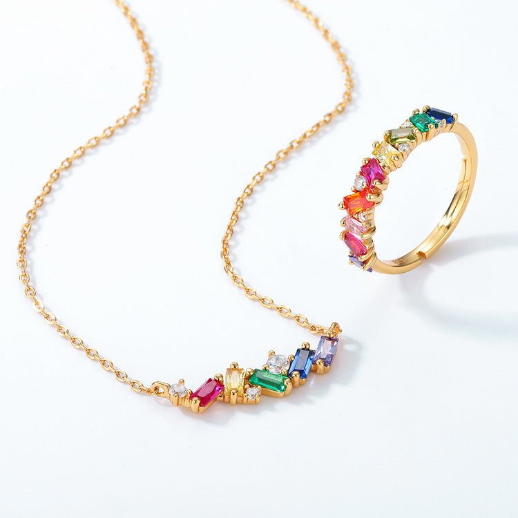 Dainty Rainbow Baguette Ring | Multicolor Zircon Engagement Band | 10K Gold Plated