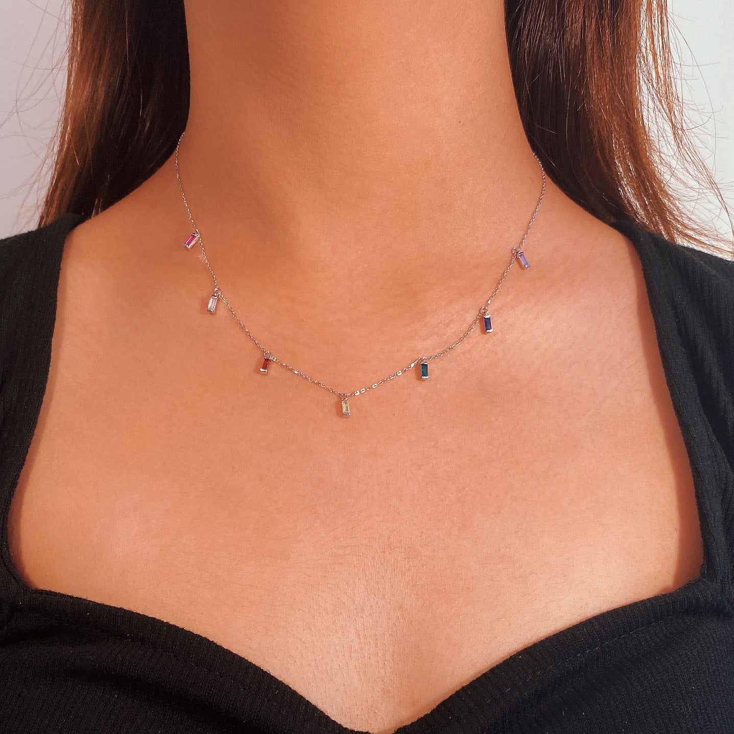 Dainty & Tiny Baguette CZ Charms Choker Necklace