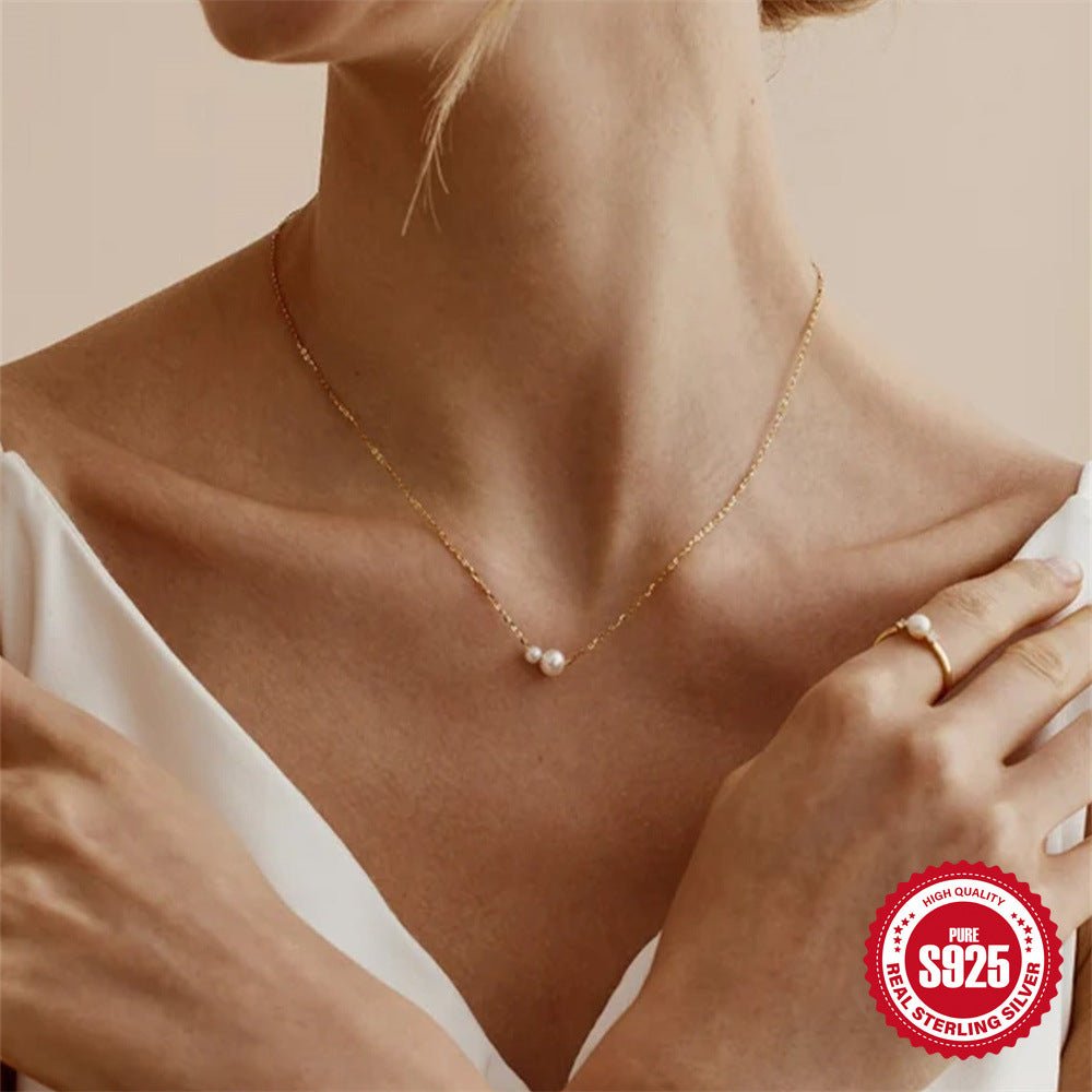 Dainty Two-Pearl Necklace, 925 Silver Minimalist Pearl Necklace Bridal Necklace Gift for Her