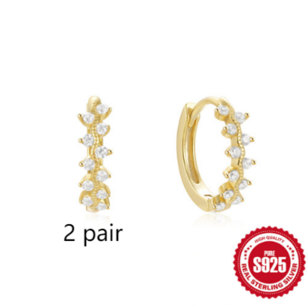 925 Sterling Silver Twisted Element Hoop Huggies Rhinestone Earrings