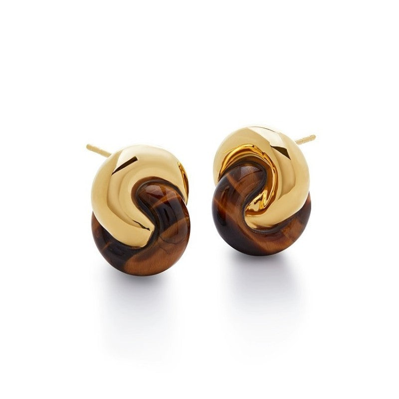Co-branded Tiger Eye Stone Studs Buckle Retro Earrings 925 Silver