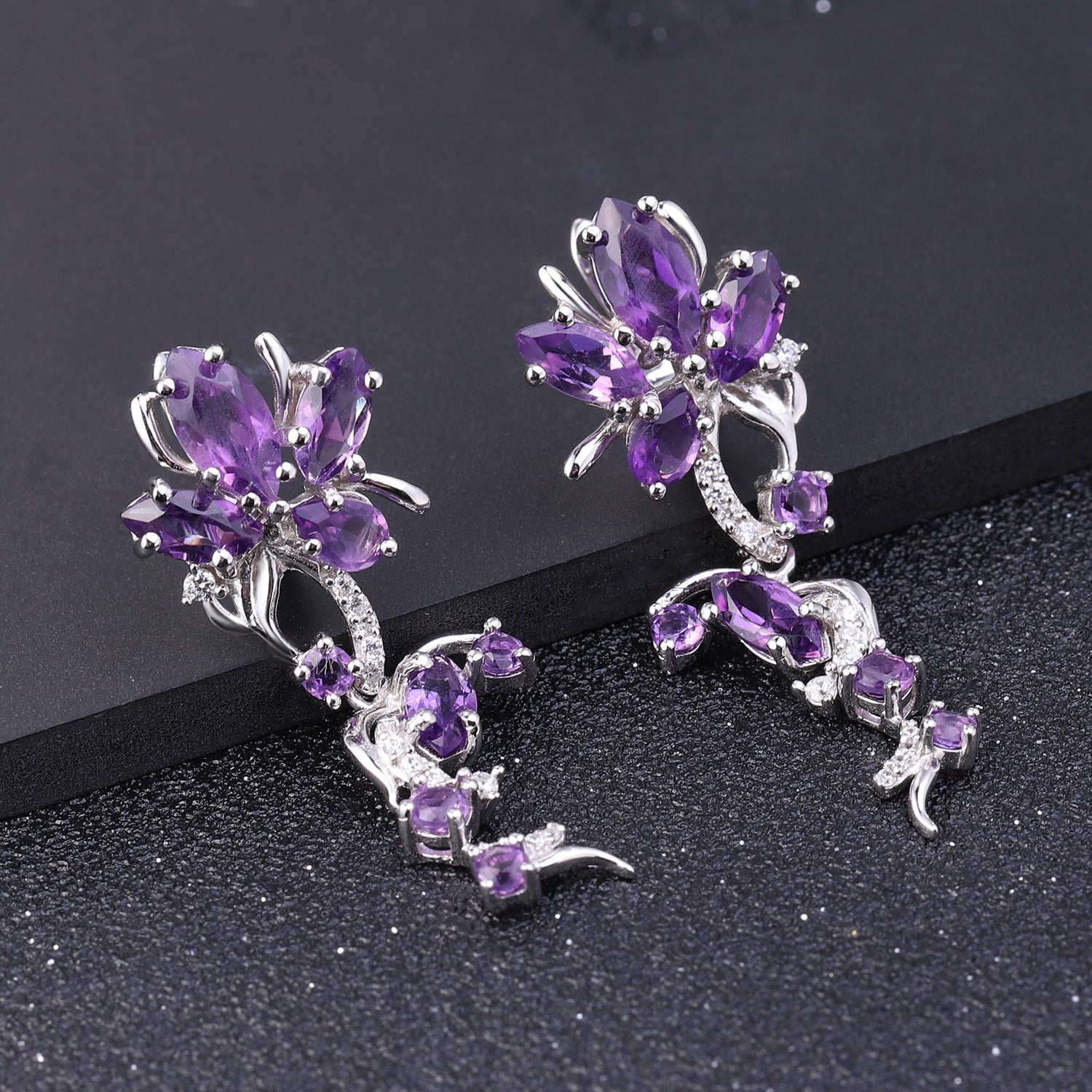 Designer Floral 925 Silver Earrings | Natural Amethyst & Gemstones | Dangle Earrings for Women