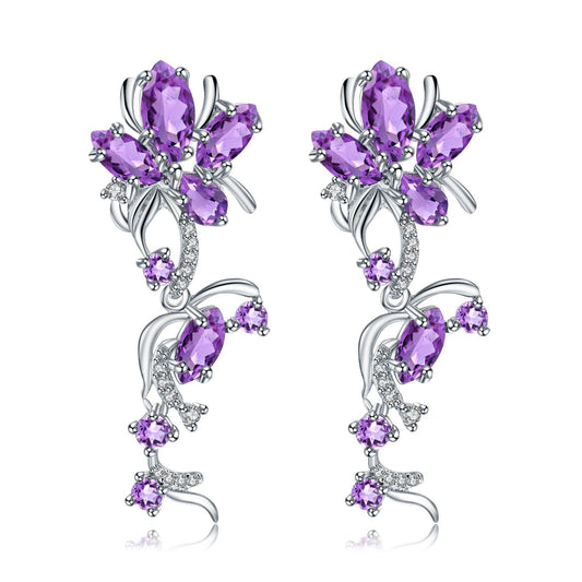 Designer Floral 925 Silver Earrings | Natural Amethyst & Gemstones | Dangle Earrings for Women