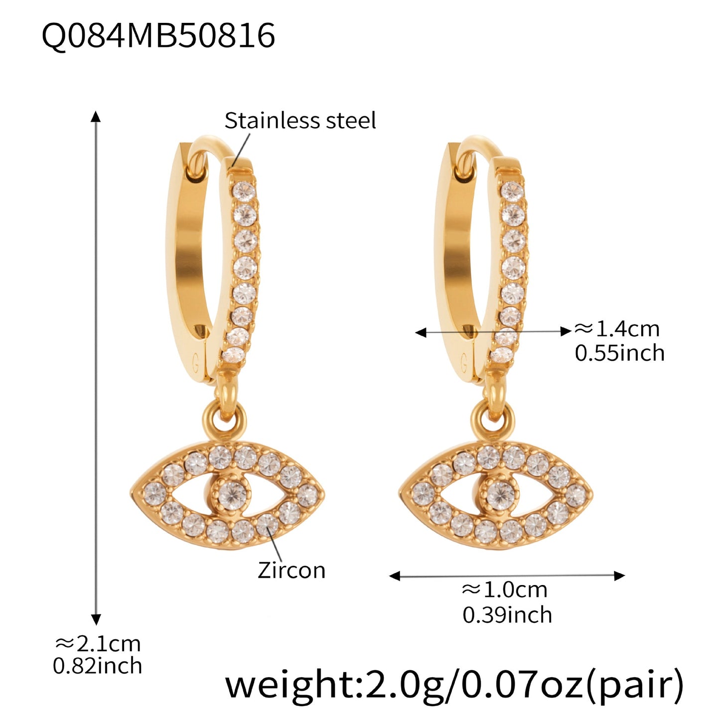 Devil's Eye Cubic Zirconia Huggies Hoop Earrings Stainless Steel Plated 18k Real Gold Earrings