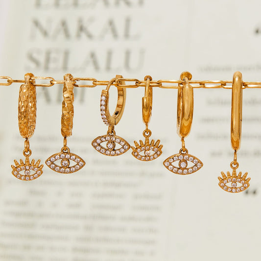 Devil's Eye Cubic Zirconia Huggies Hoop Earrings Stainless Steel Plated 18k Real Gold Earrings