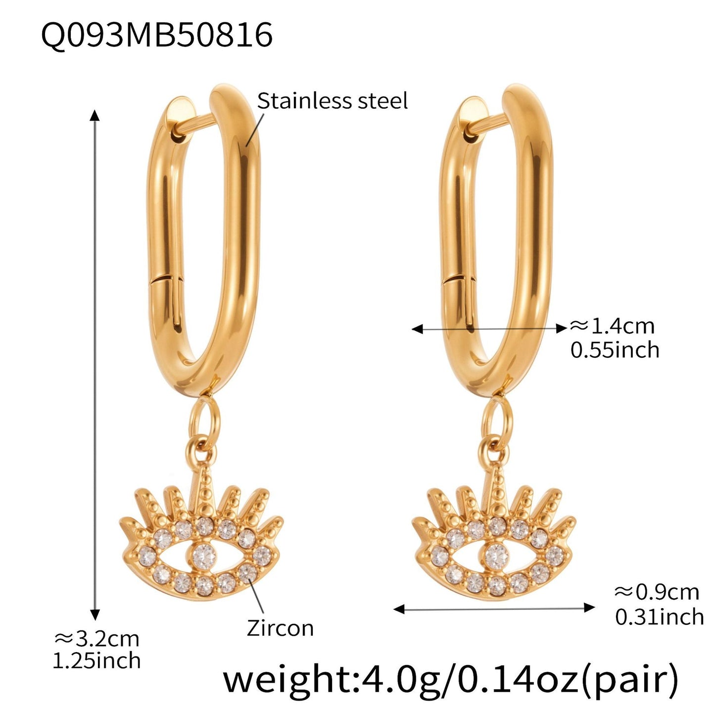 Devil's Eye Cubic Zirconia Huggies Hoop Earrings Stainless Steel Plated 18k Real Gold Earrings