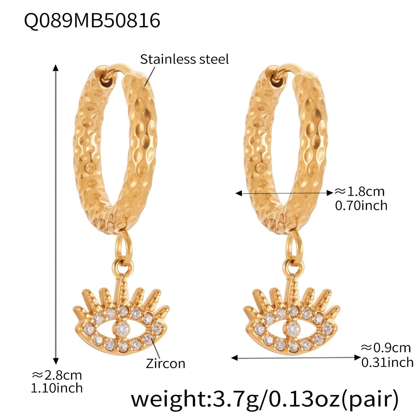 Devil's Eye Cubic Zirconia Huggies Hoop Earrings Stainless Steel Plated 18k Real Gold Earrings