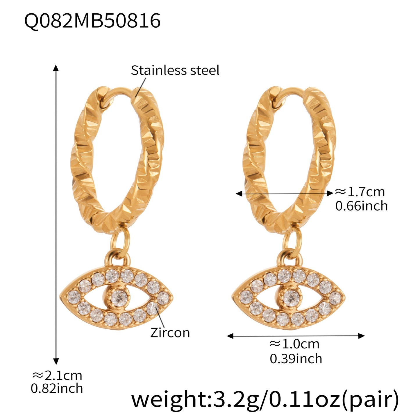 Devil's Eye Cubic Zirconia Huggies Hoop Earrings Stainless Steel Plated 18k Real Gold Earrings