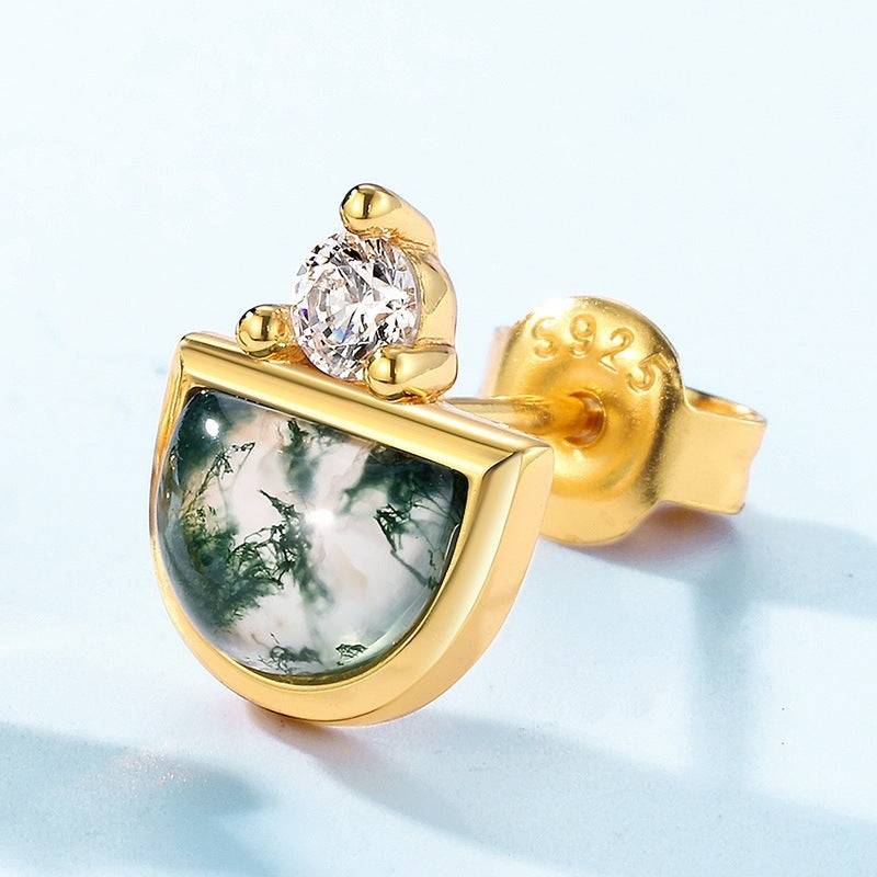 925 Silver Green Moss Agate Stud Earrings