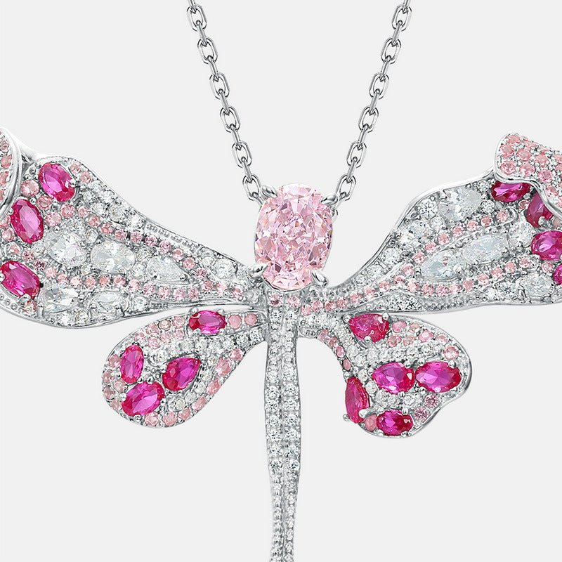 Dragonfly Light Pink High Carbon Diamond Pendant - 925 Sterling Silver Necklace for Women