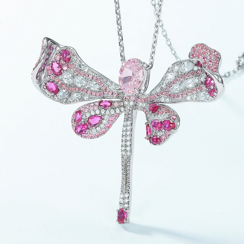 Dragonfly Light Pink High Carbon Diamond Pendant - 925 Sterling Silver Necklace for Women