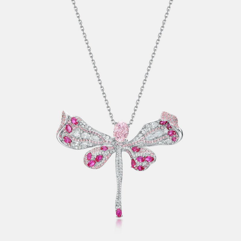 Dragonfly Light Pink High Carbon Diamond Pendant - 925 Sterling Silver Necklace for Women