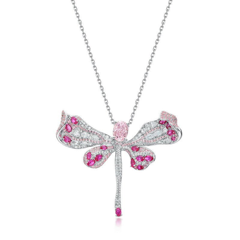 Dragonfly Light Pink High Carbon Diamond Pendant - 925 Sterling Silver Necklace for Women