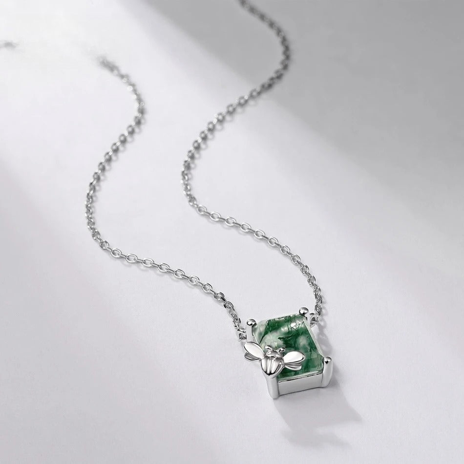 Bee & Moss Agate Pendant Necklace, 925 Sterling Silver Nature Inspired Jewelry Gift