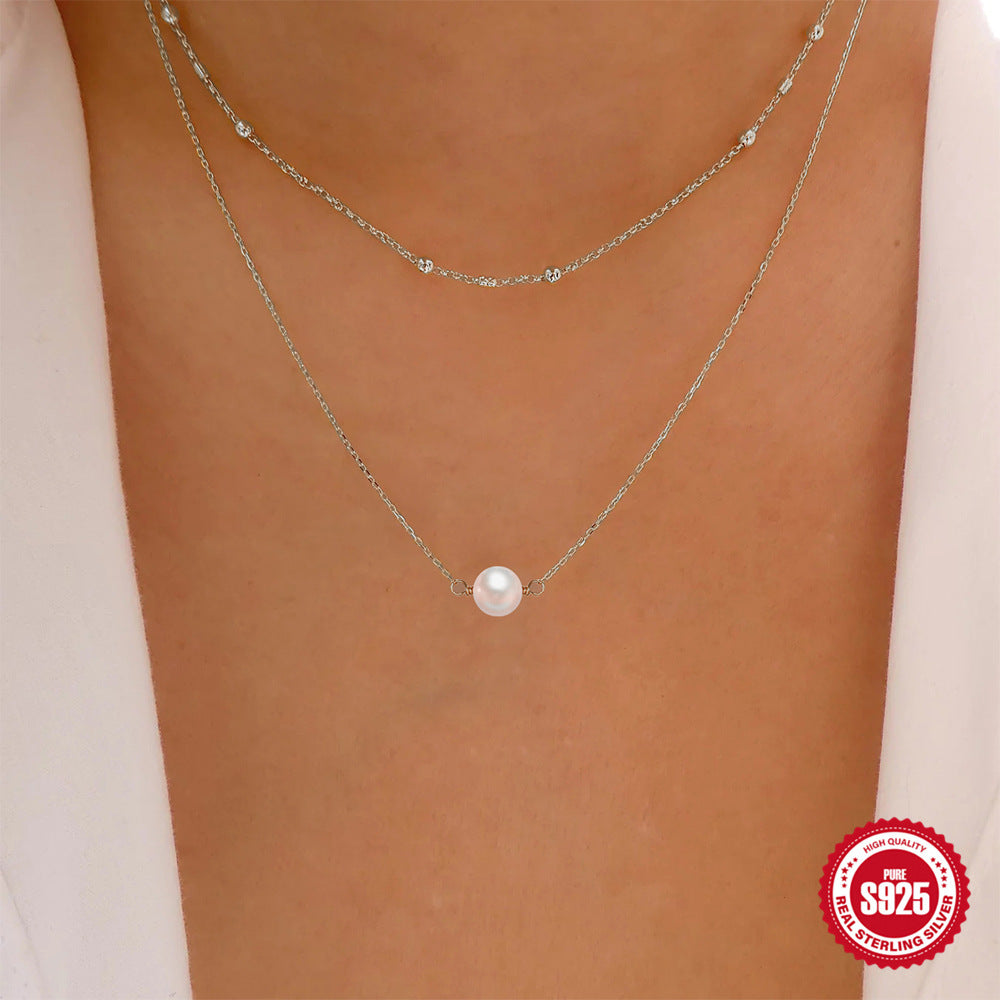 Pearl Necklace 925 Sterling Silver Double Layer  Gift For Her