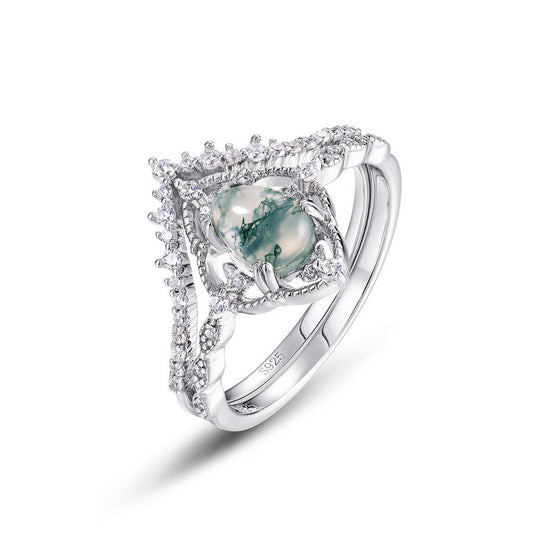 Silver Pear-shaped Green Moss Agate Ring Set Wedding Gift for Her