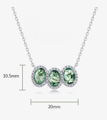 3 Stones Oval Natural Moss Agate Pendant 925 Silver Necklace Oval 7X5MM Gemstone Gift for Her