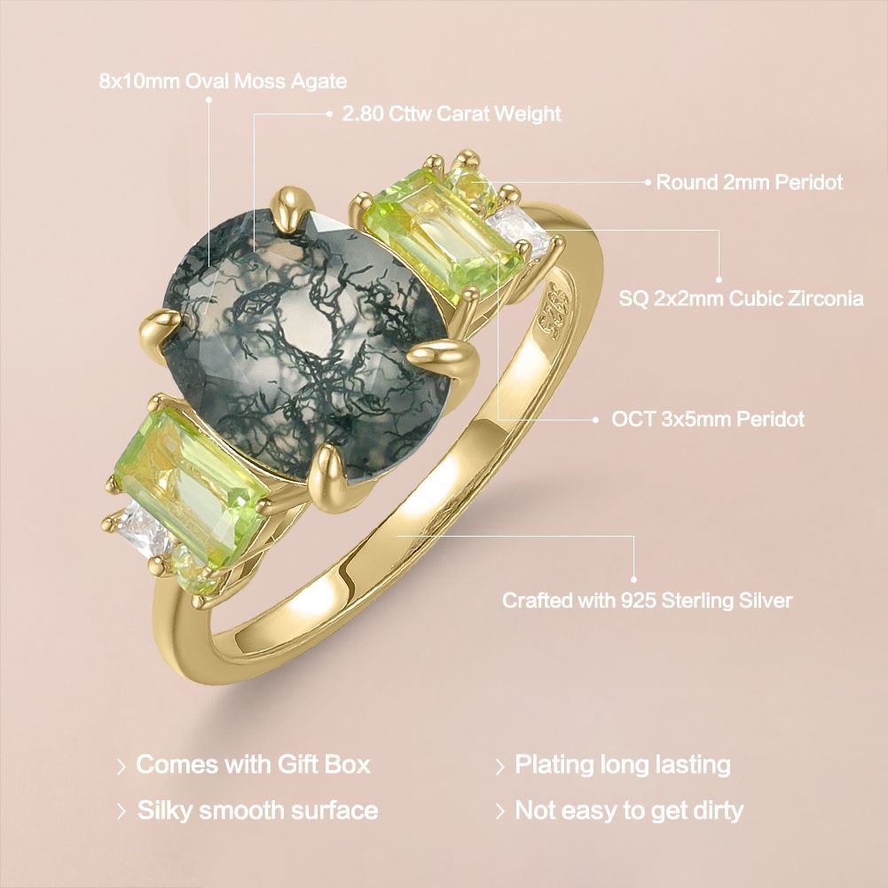 Elegant Natural Moss Agate & Moonstone Ring 925 Sterling Silver Engagement, Anniversary Gift