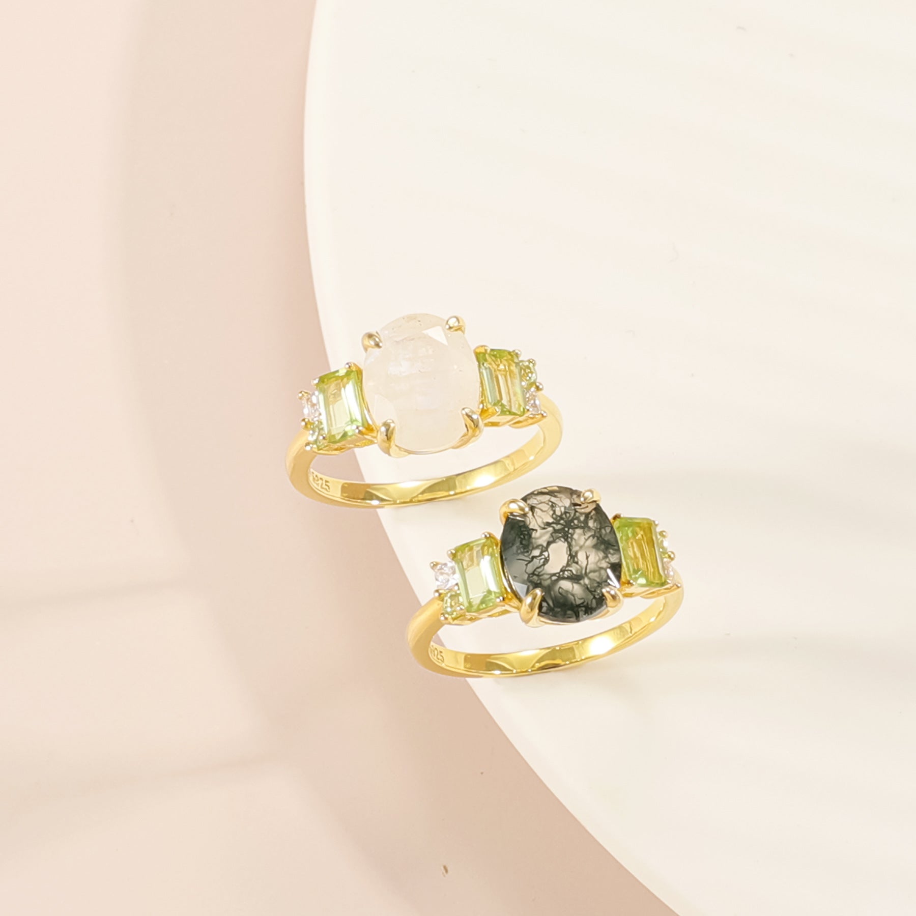 Elegant Natural Moss Agate & Moonstone Ring 925 Sterling Silver Engagement, Anniversary Gift