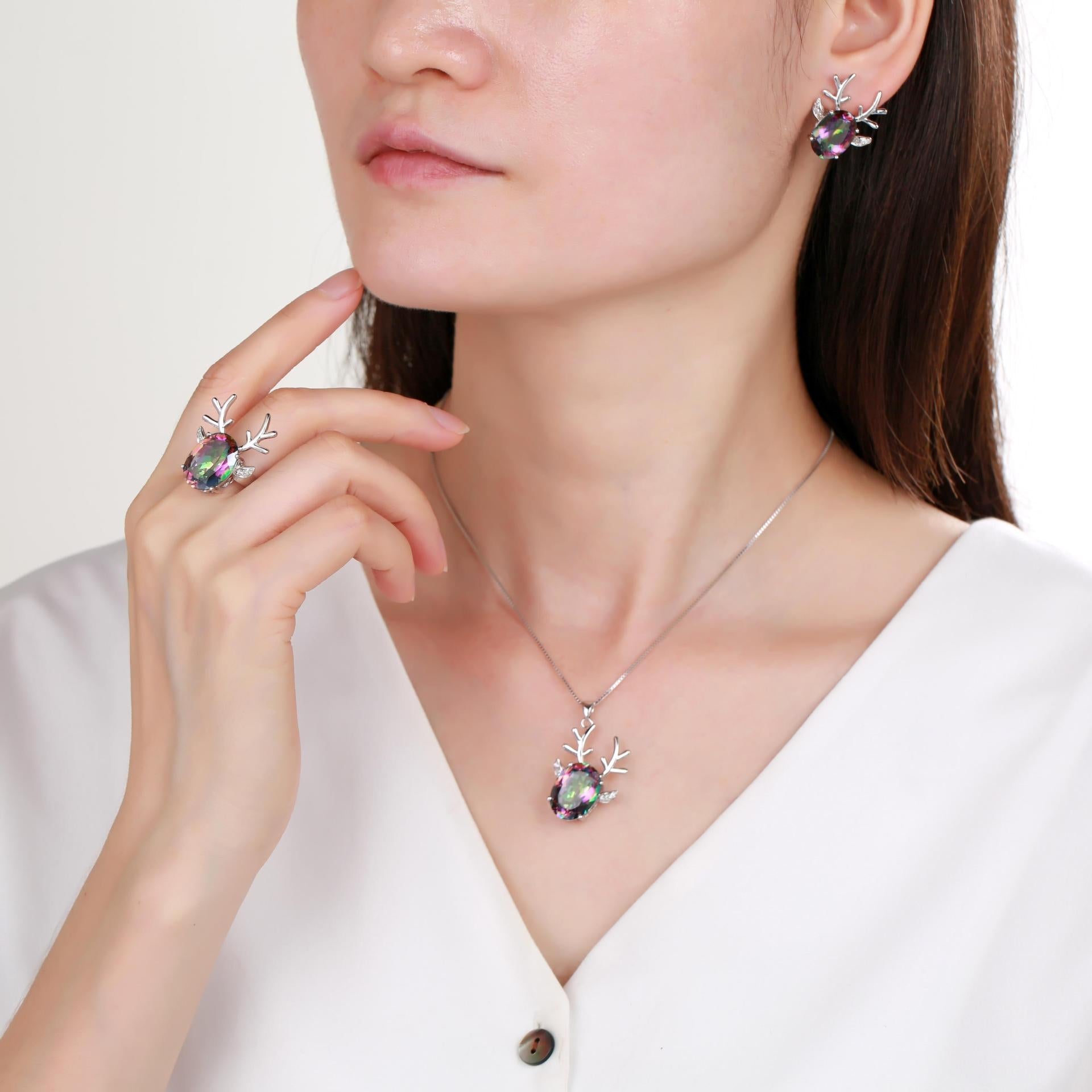 Elk Colorful Crystal Pendant Necklace Earrings 925 Sterling Silver Collarbone Chain Christmas Gift