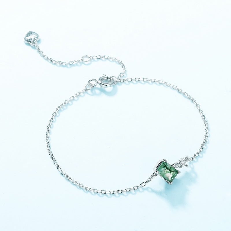 Emerald Cut Green Moss Agate Bracelet | 925 Sterling Silver | Quadrilateral Gemstone