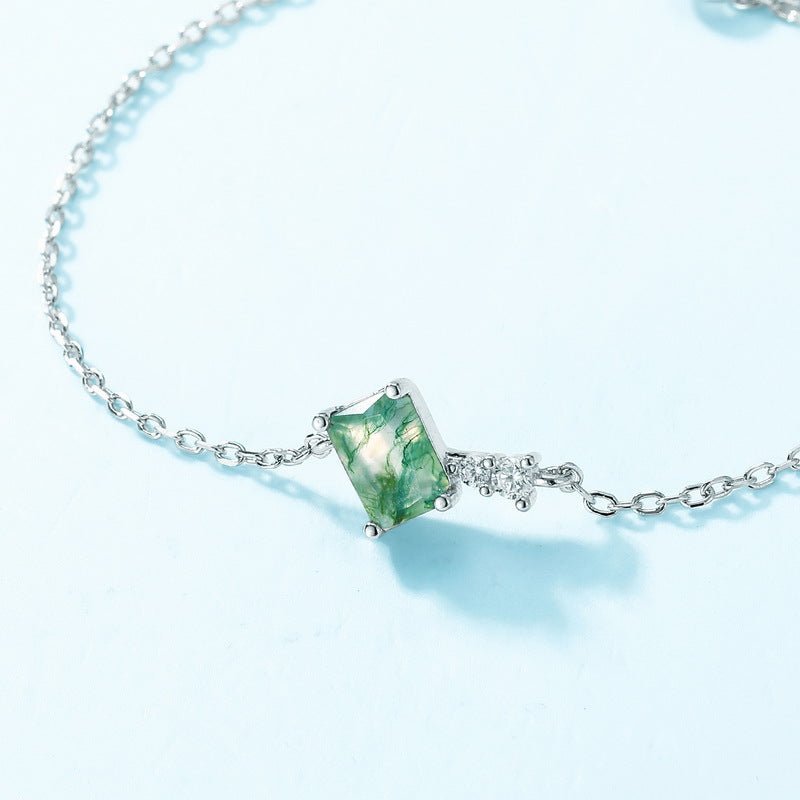 Emerald Cut Green Moss Agate Bracelet | 925 Sterling Silver | Quadrilateral Gemstone
