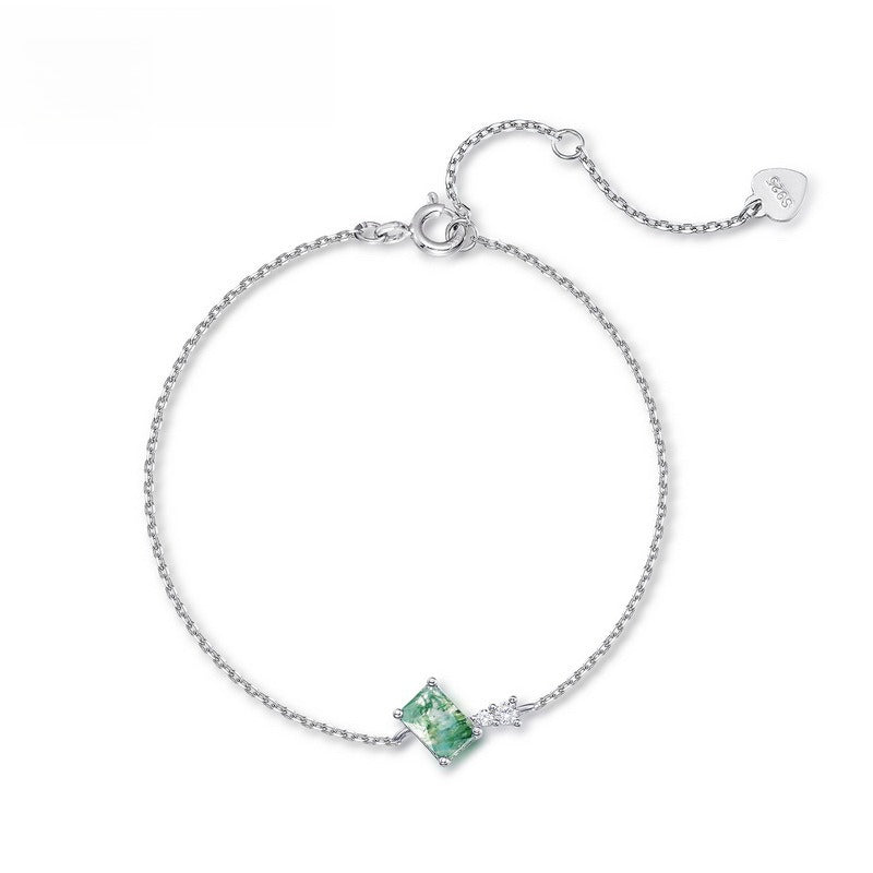 Emerald Cut Green Moss Agate Bracelet | 925 Sterling Silver | Quadrilateral Gemstone