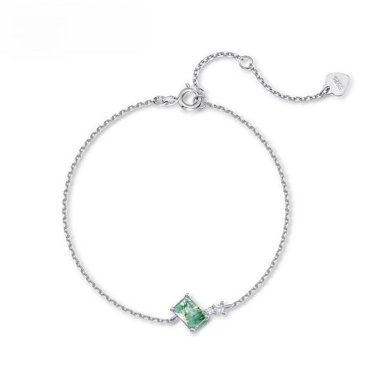 Emerald Cut Green Moss Agate Bracelet | 925 Sterling Silver | Quadrilateral Gemstone