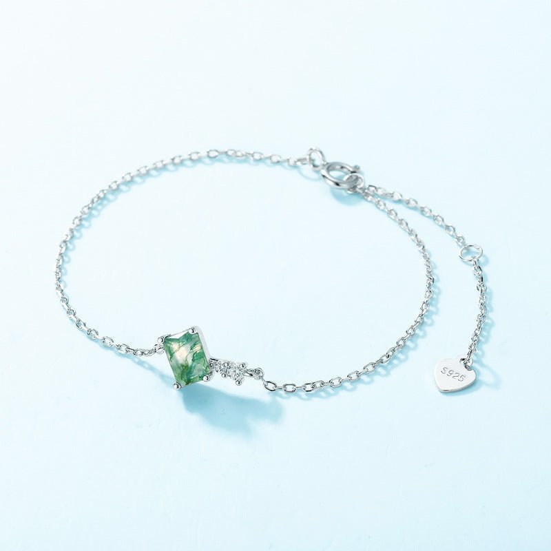 Emerald Cut Green Moss Agate Bracelet | 925 Sterling Silver | Quadrilateral Gemstone