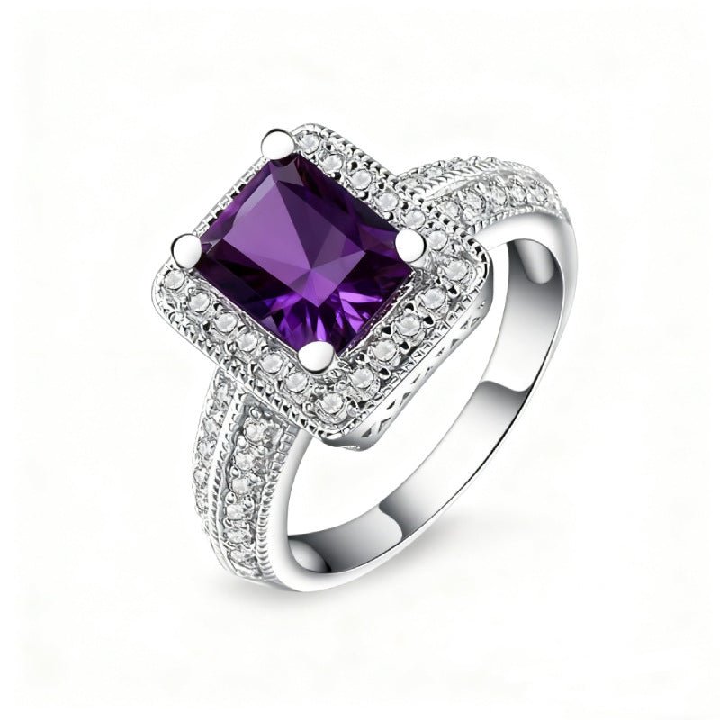 Emerald Cut Topaz Amethyst Garnet Chalcedony Ring with Halo, 925 Silver Jewelry Gift