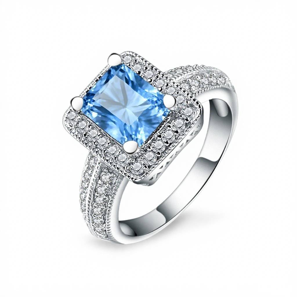 Emerald Cut Topaz Amethyst Garnet Chalcedony Ring with Halo, 925 Silver Jewelry Gift