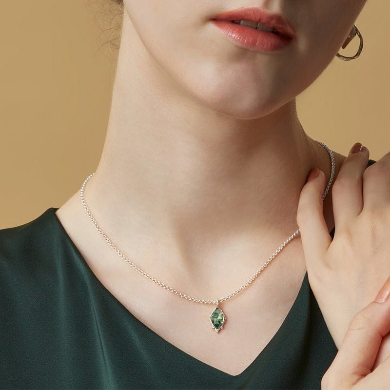 Ethereal Green Moss Agate Pendant on a Dainty Clavicle Chain - Minimalist Jewelry