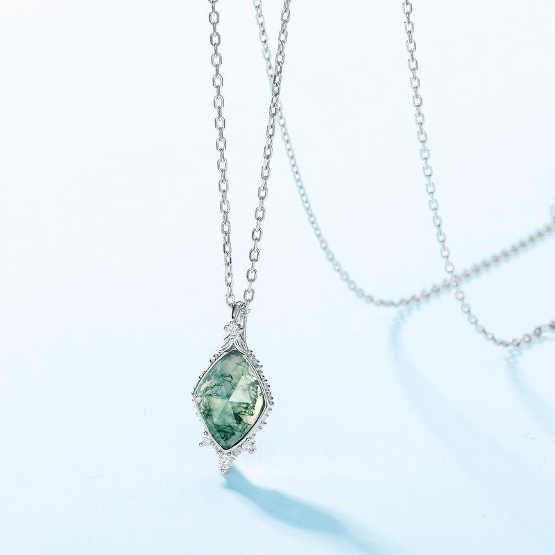 Ethereal Green Moss Agate Pendant on a Dainty Clavicle Chain - Minimalist Jewelry
