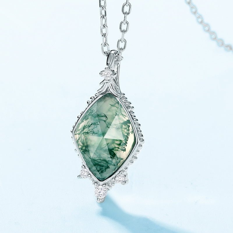 Ethereal Green Moss Agate Pendant on a Dainty Clavicle Chain - Minimalist Jewelry
