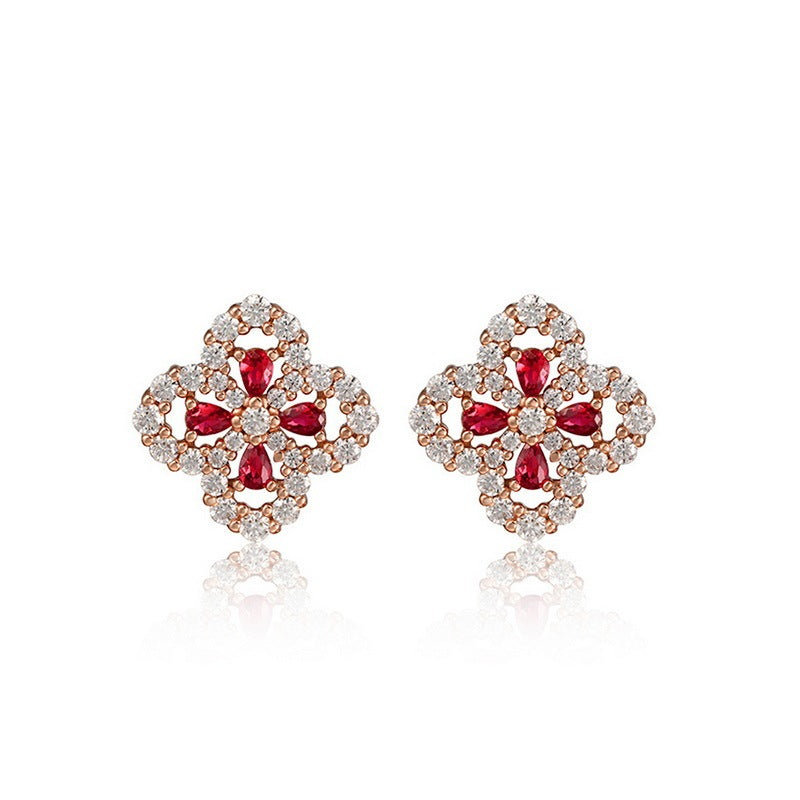 925 Silver Four-leaf Flower Petal Labgrown Ruby Earrings Studs Gift For Her
