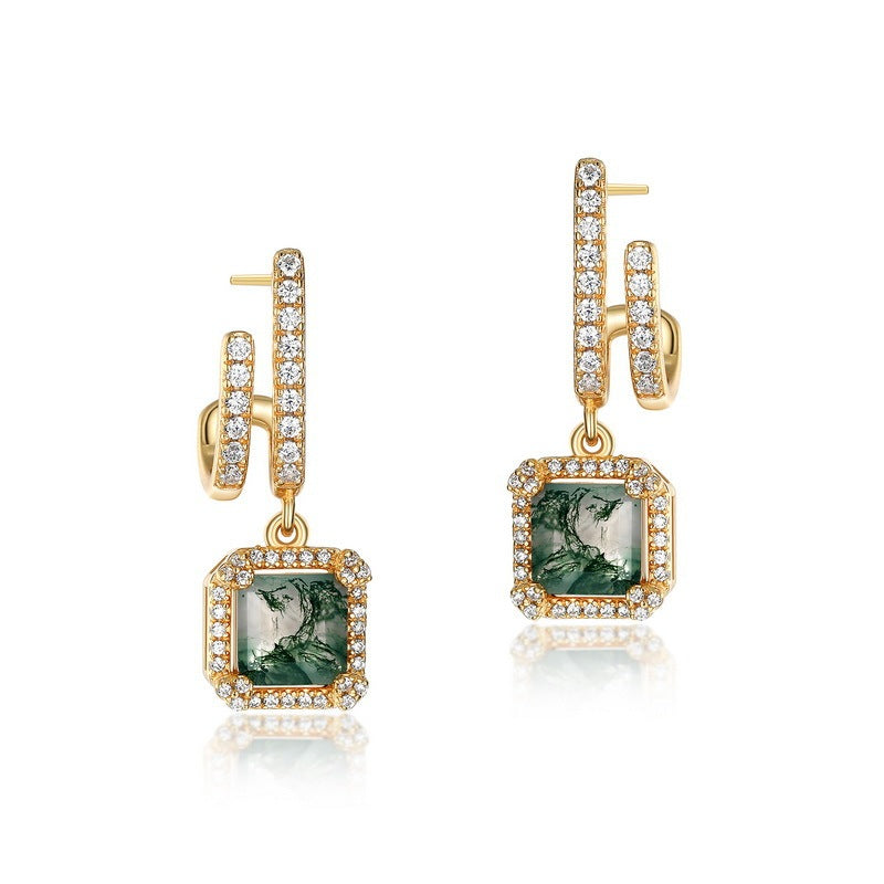 Green Moss Agate Huggies Earrings 925 Silver