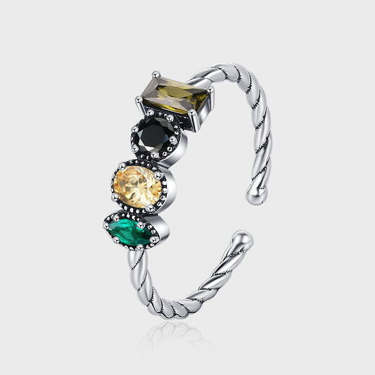 925 Sterling Silver Ring Olive Green Square Zircon Twisted Rope Chain Irregular