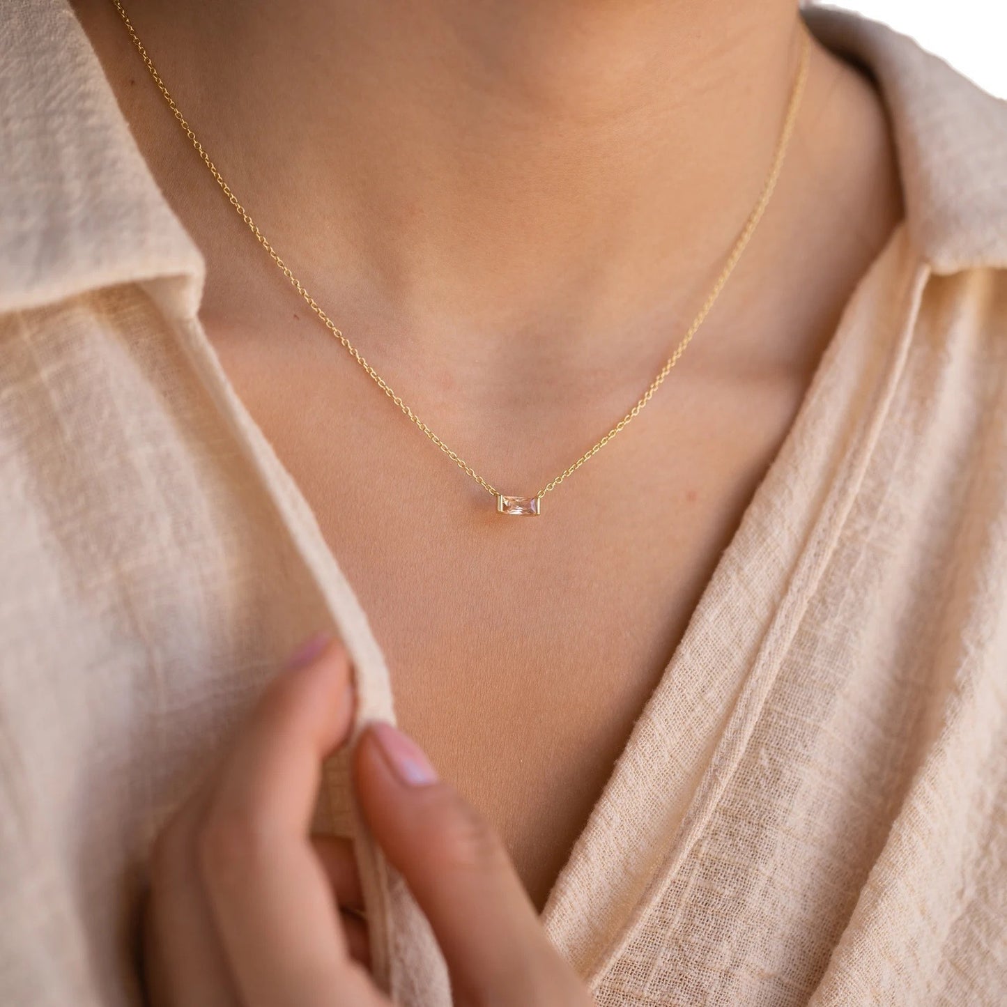 Baguette Birthstone Necklace by Minimalist • Everyday Dainty Gemstone Jewelry • Personalized Gifts • Perfect Gift for Her