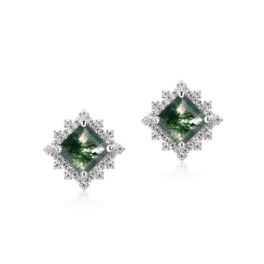 Dainty S925 Princess Cut Green Moss Agate Stud Earrings