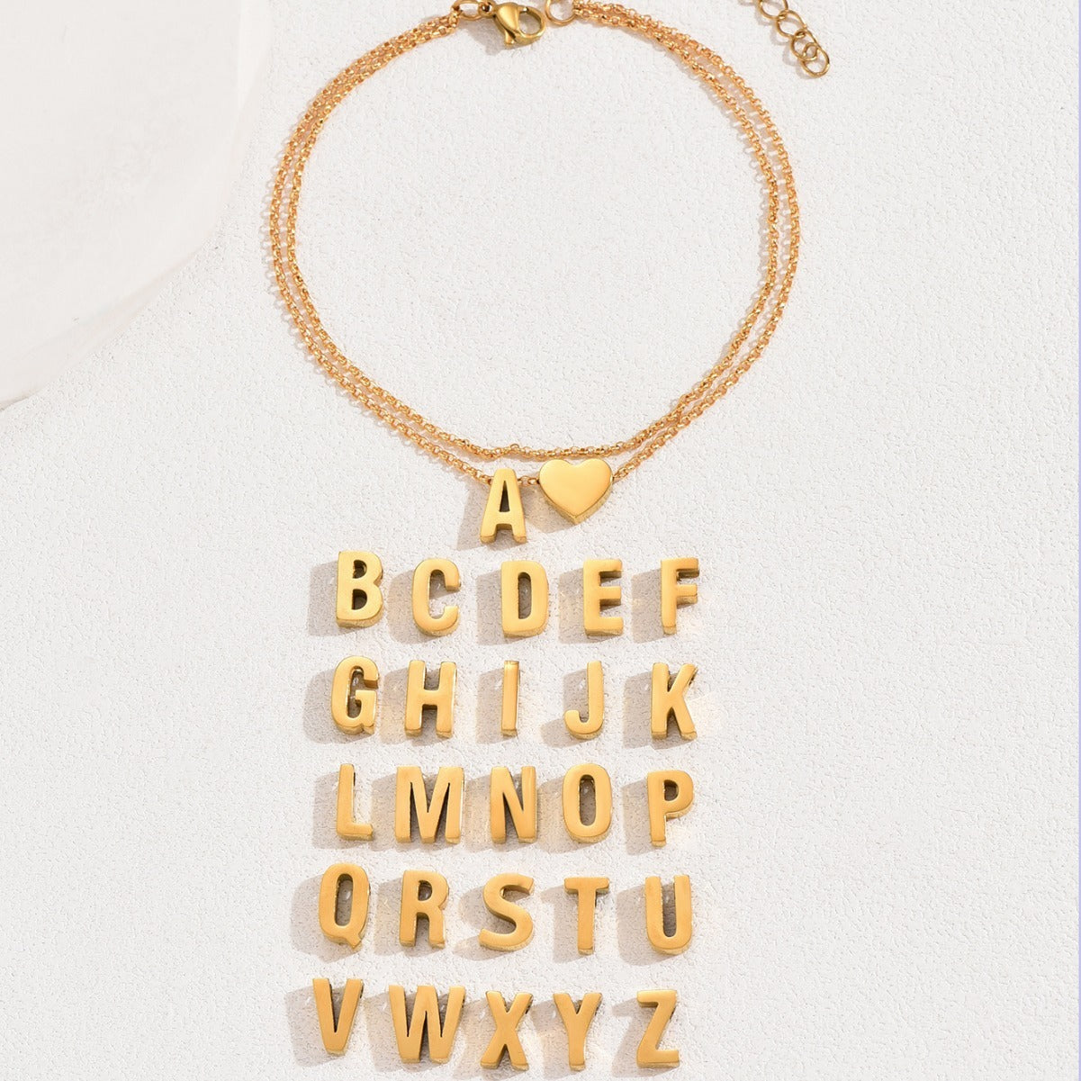 Stainless Steel Heart Initial Anklet Double Layer