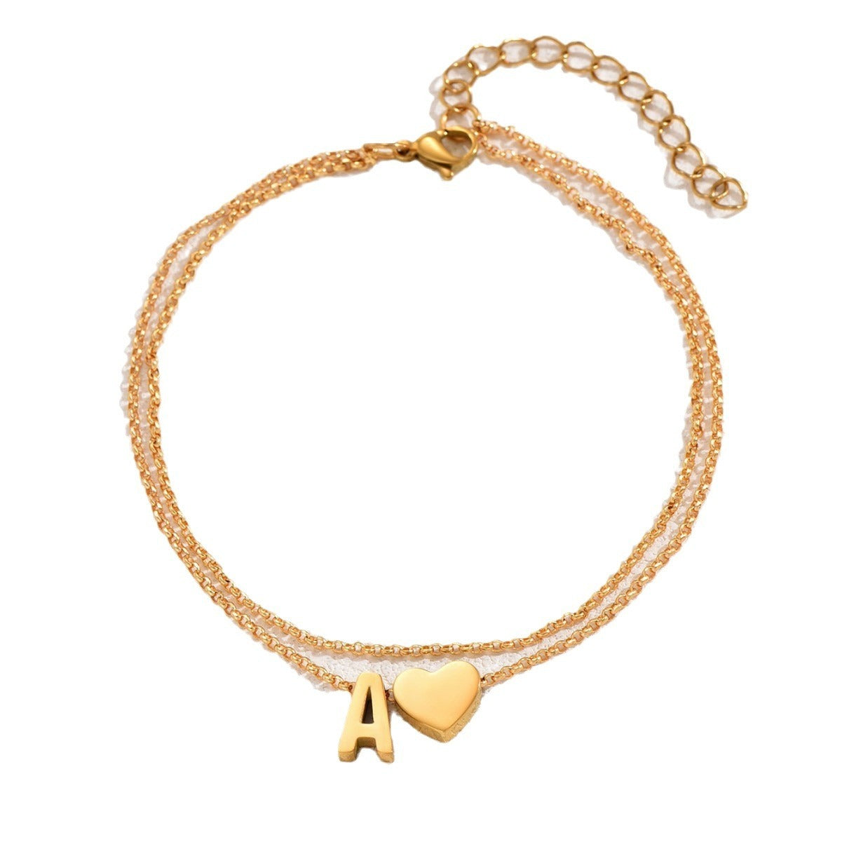 Stainless Steel Heart Initial Anklet Double Layer