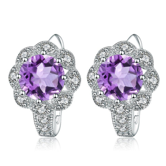 Flower Halo Earrings - Natural Gemstone (Amethyst/Citrine/Prasiolite/Topaz) in 925 Silver