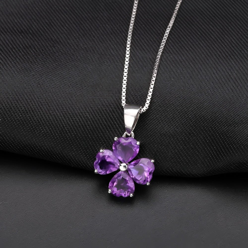 Four Hearts Clover Necklace | Heart-Shaped Amethyst & Topaz Pendant
