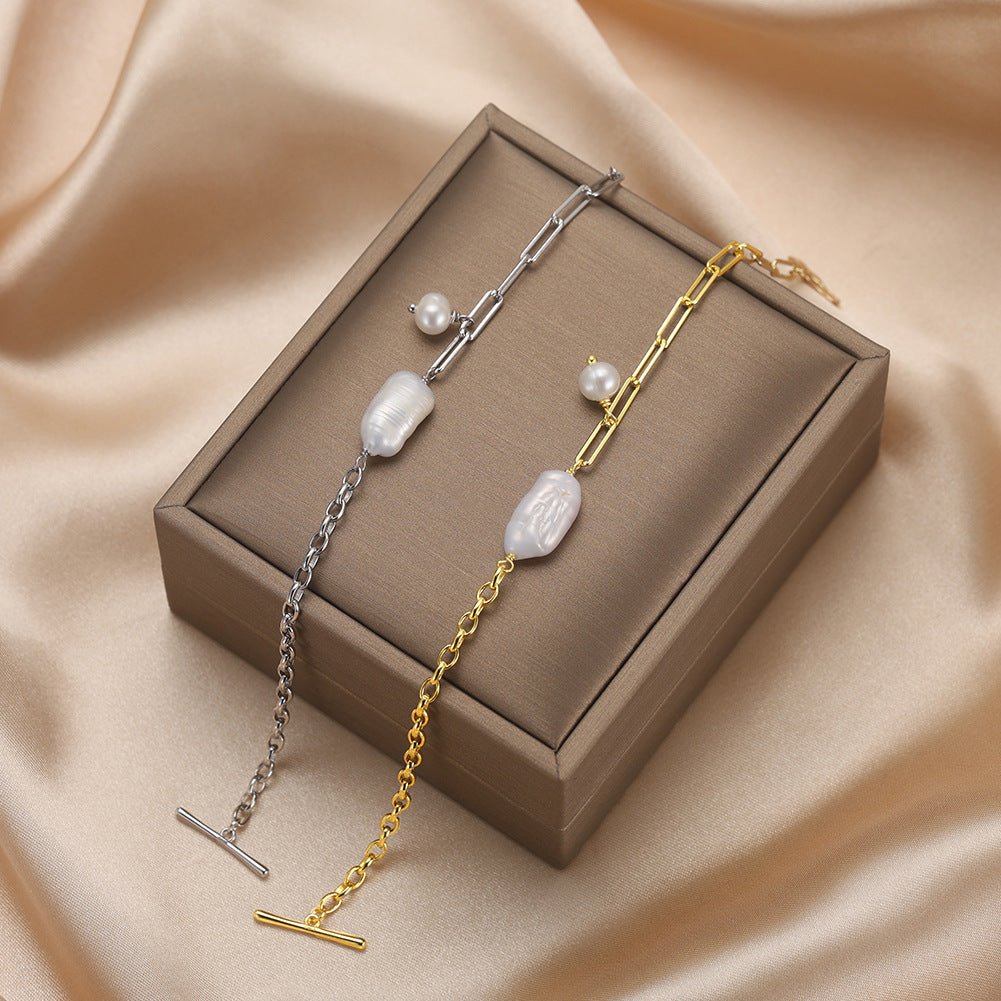 French Baroque Pearl Bracelet 925 Sterling Silver - Irregular 3-Strand Chain with OT Buckle