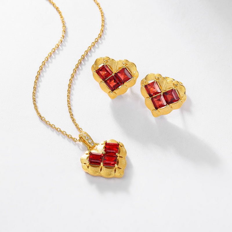 Garnet Heart Stud Earrings in 925 Sterling Silver - French Inspired Valentine's Gift