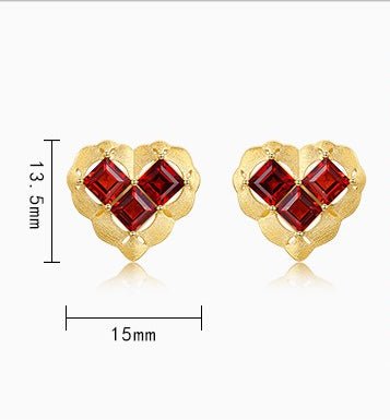 Garnet Heart Stud Earrings in 925 Sterling Silver - French Inspired Valentine's Gift