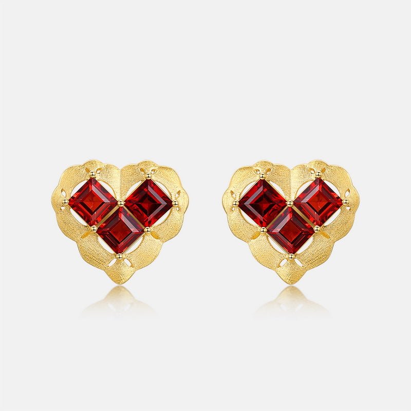 Garnet Heart Stud Earrings in 925 Sterling Silver - French Inspired Valentine's Gift